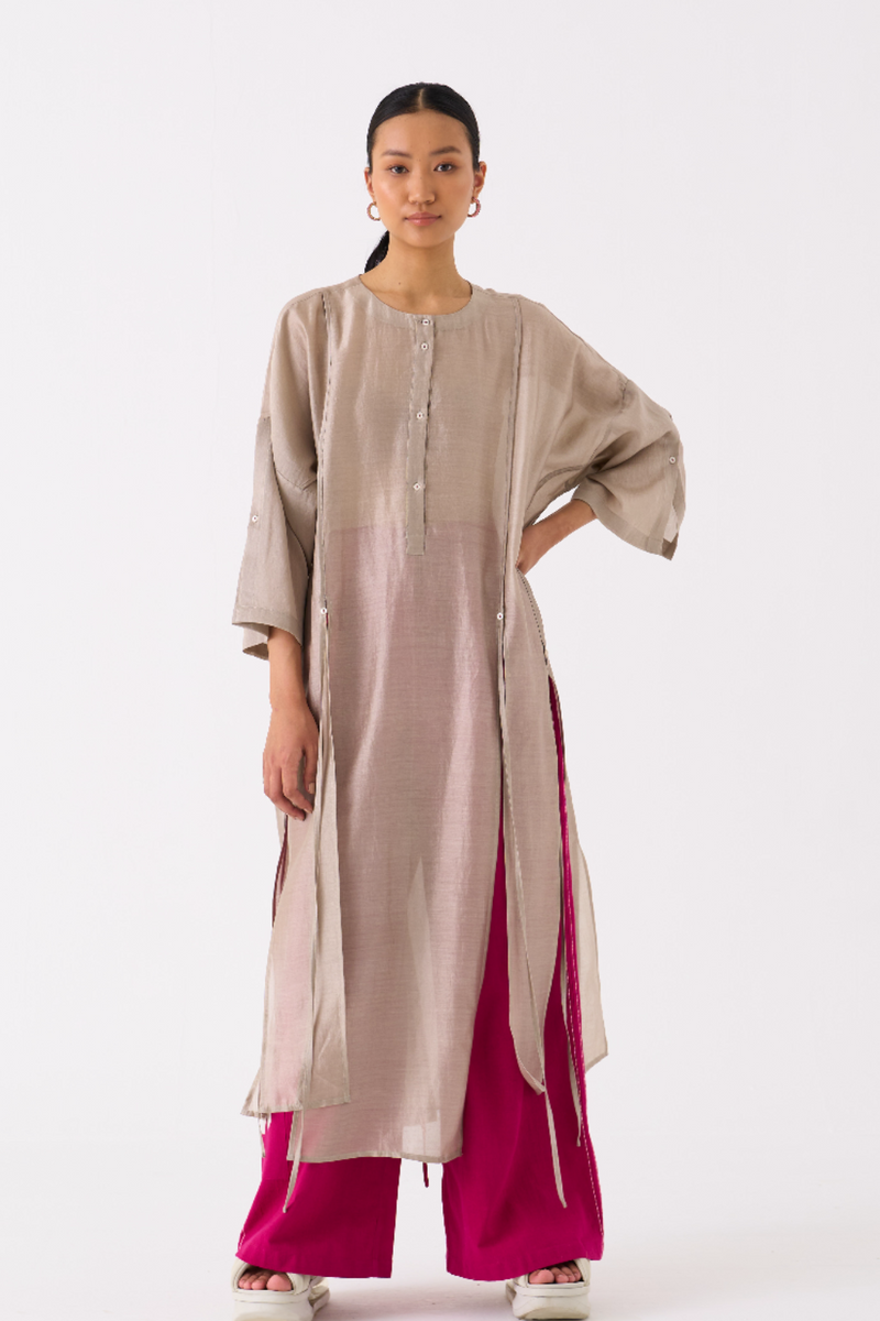 PANELLED TUNIC CO-ORD 
(SET OF 2)-ASH GREY & FUSCHIA chanderi by THREE in multi color for women in Singapore