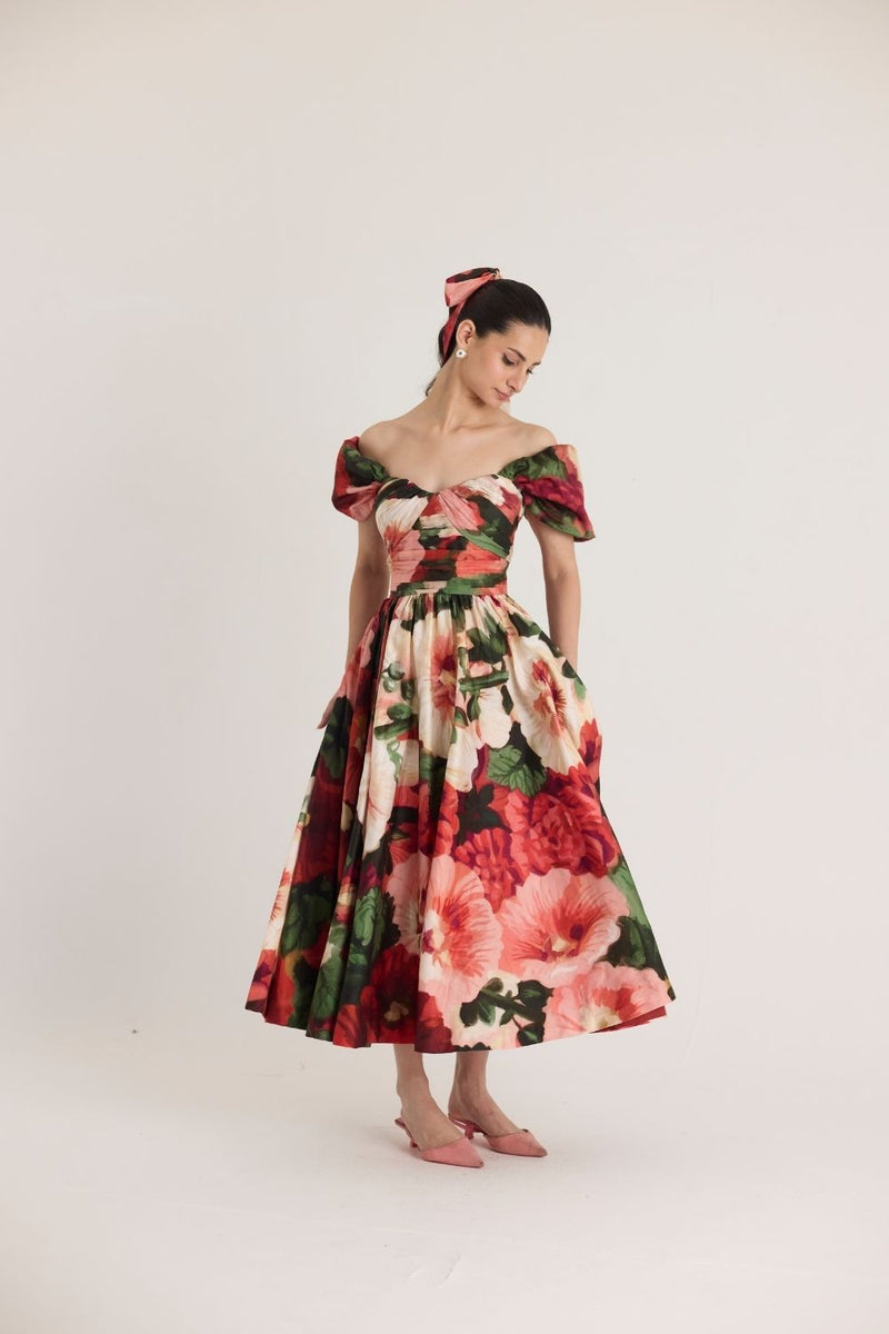 SCARLETT PUFF SLEEVE DRESS satin by Yam in multi color for women in Singapore