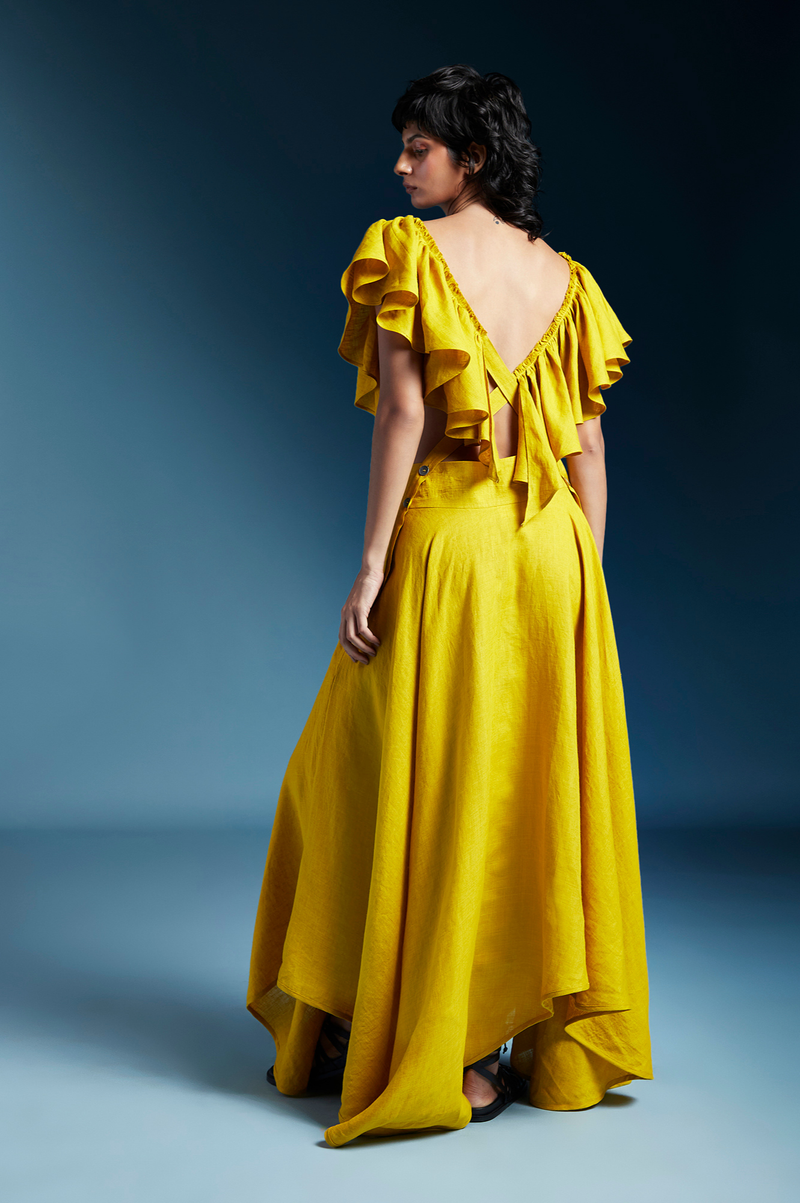 Aurelia Dress-Mustard linen by Chola in mustard color for women in Singapore