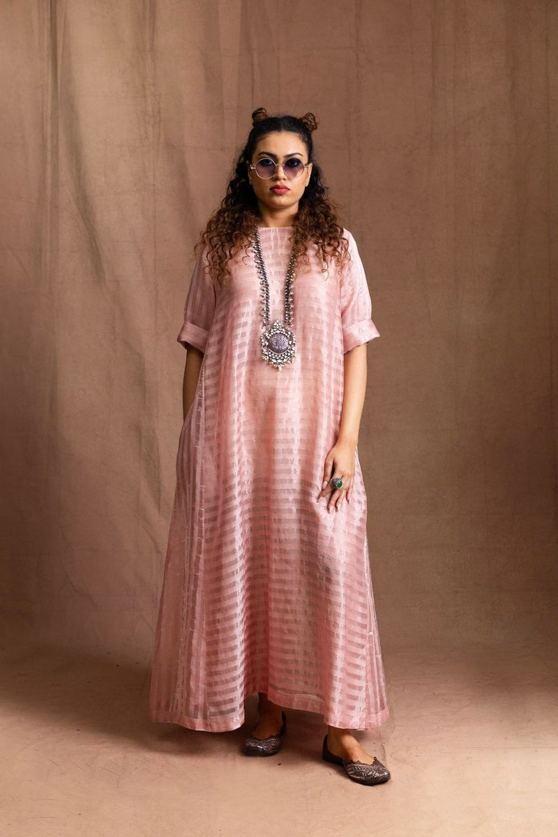 Chanderi Silk Maxi-Dusty Pink/Silver Pure Silk Chanderi Kurta Set Sabo by Sabina — Canvas & Weaves Singapore