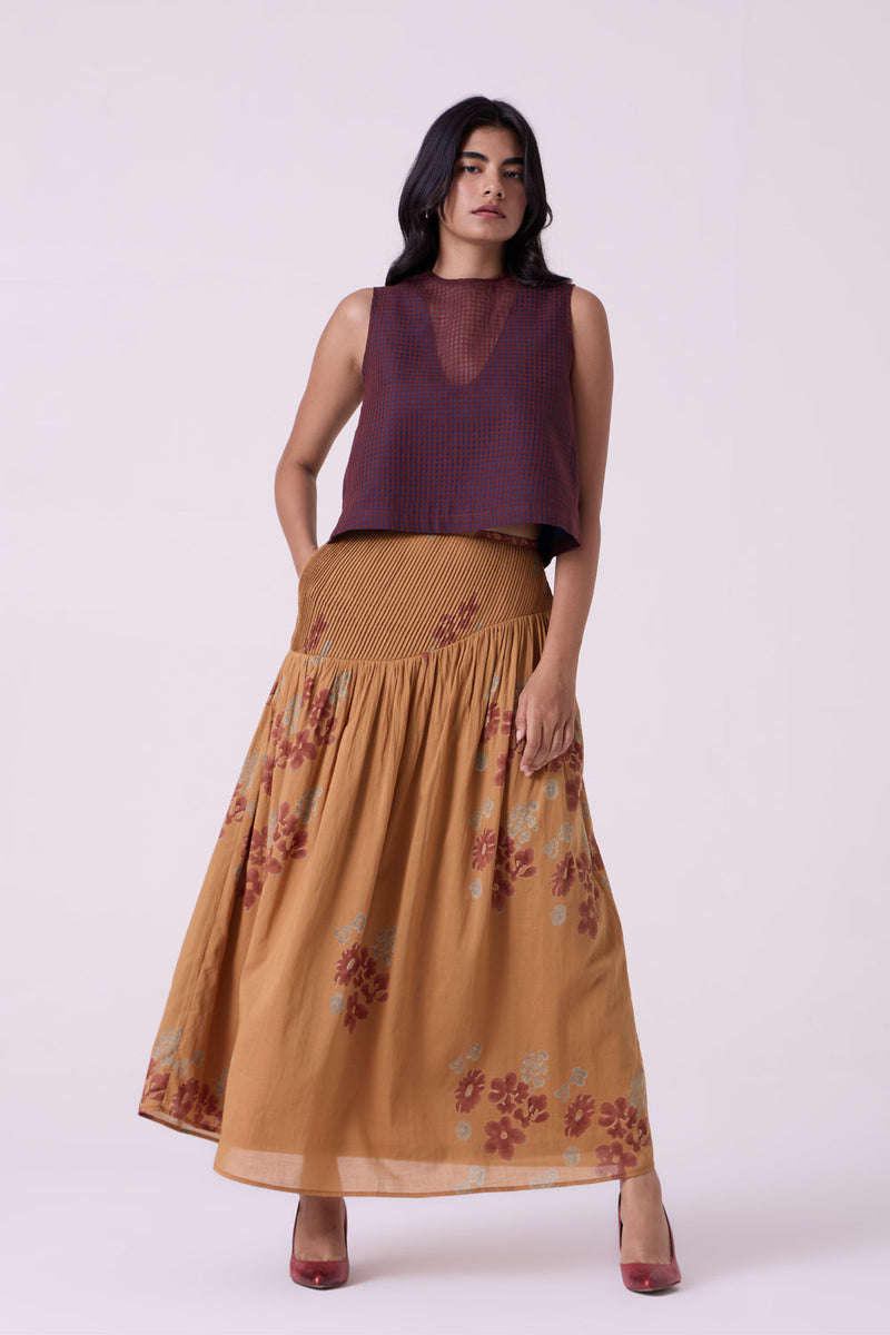 Kaika Floral Hand Printed Maxi Skirt hand block printed cotton mul skirt by The Summer House in brown for women in Singapore