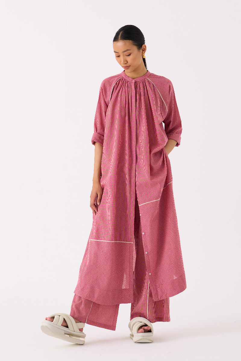 GATHER NECK SHIRT-PINK CHECK mul by THREE in pink color for women in Singapore