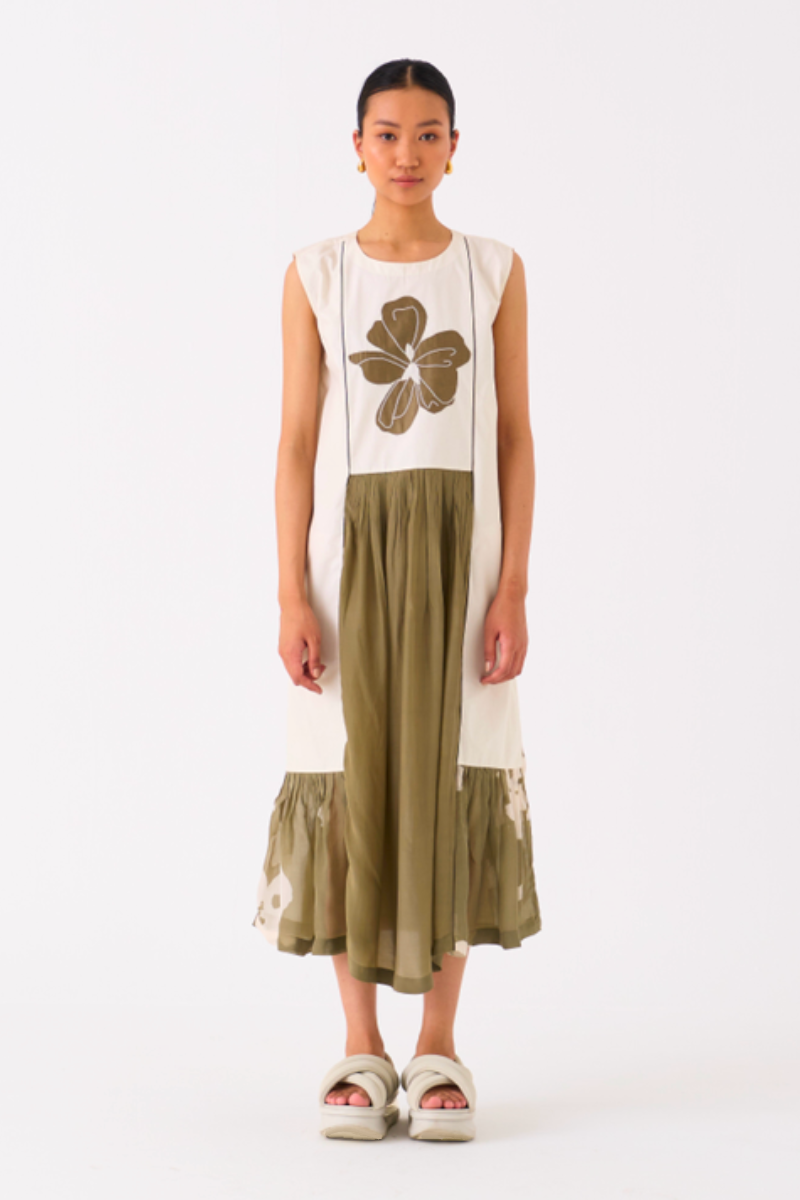 FLORAL PANELLED DRESS-IVORY/OLIVE poplin by THREE in olive color for women in Singapore