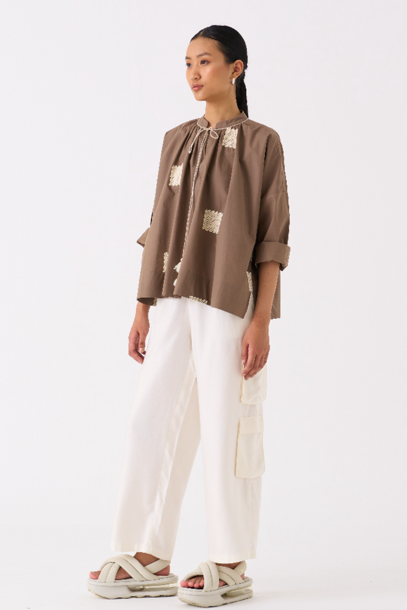 WAVE EMB. TOP CO-ORD 
(SET OF 2)-IVORY/ CEDAR chanderi by THREE for women in Singapore