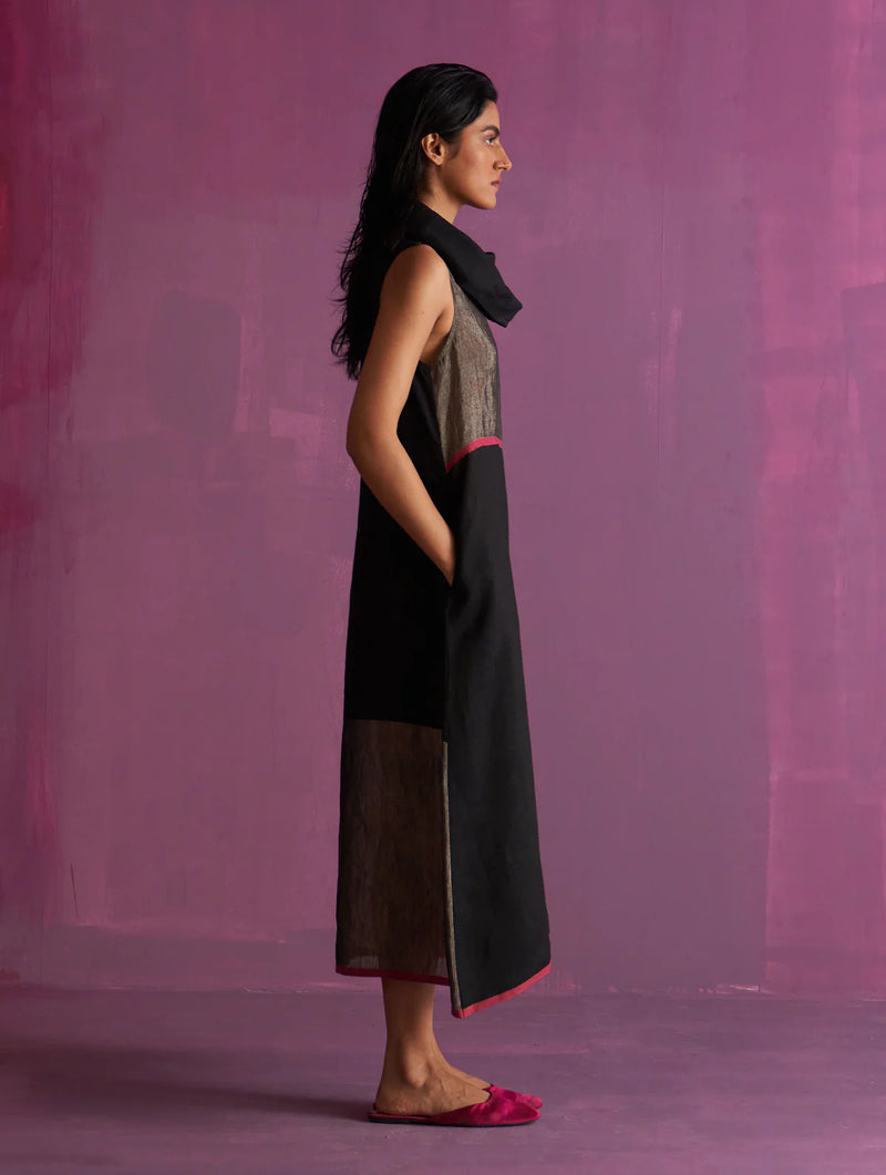 Shira Cowl Neck Dress - Black linen by Manan in black color for women in Singapore