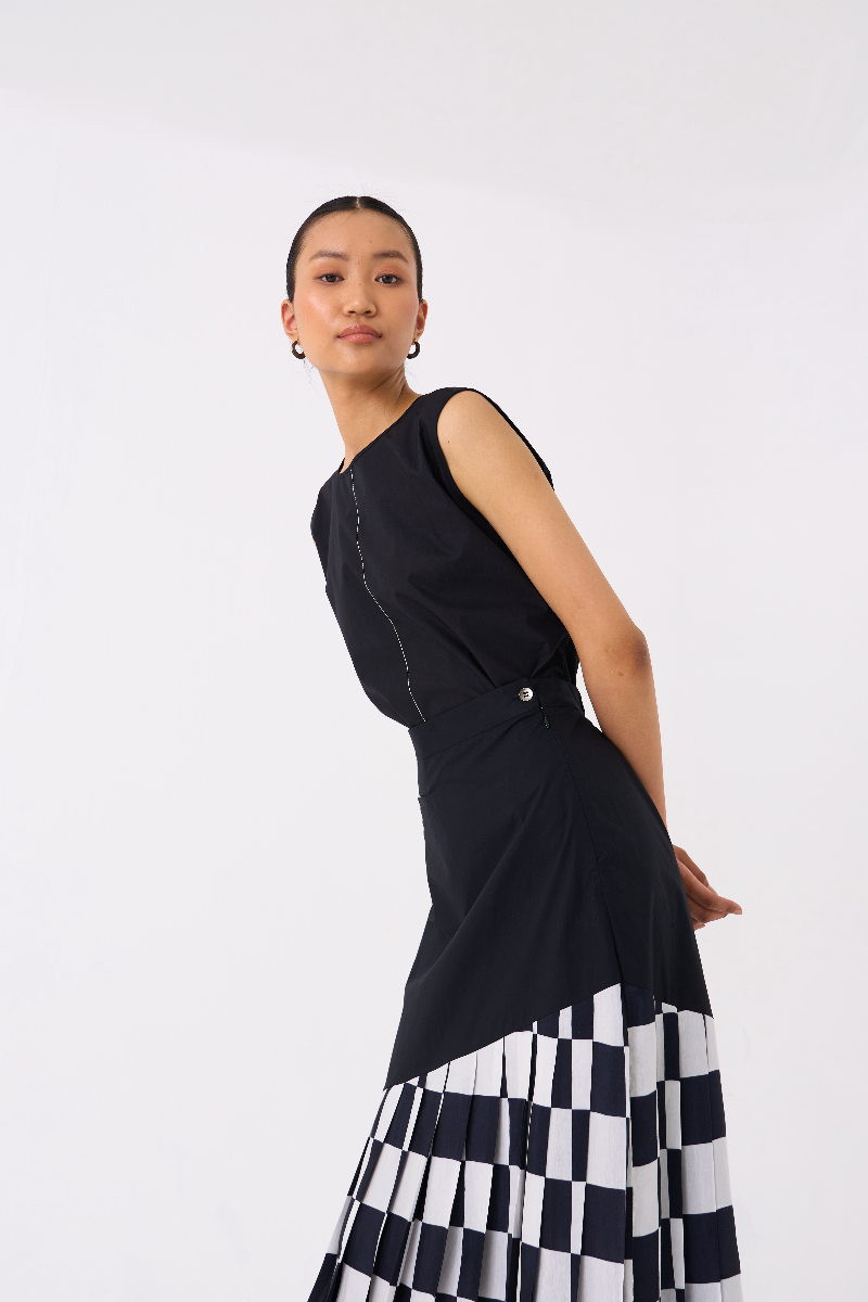 CHECKERED SKIRT CO-ORD 
(SET OF 2)-
BLACK poplin by THREE in black color for women in Singapore