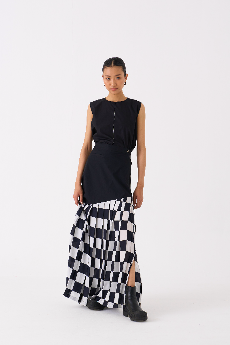 CHECKERED SKIRT-BLACK CHECK bemberg by THREE in black color for women in Singapore