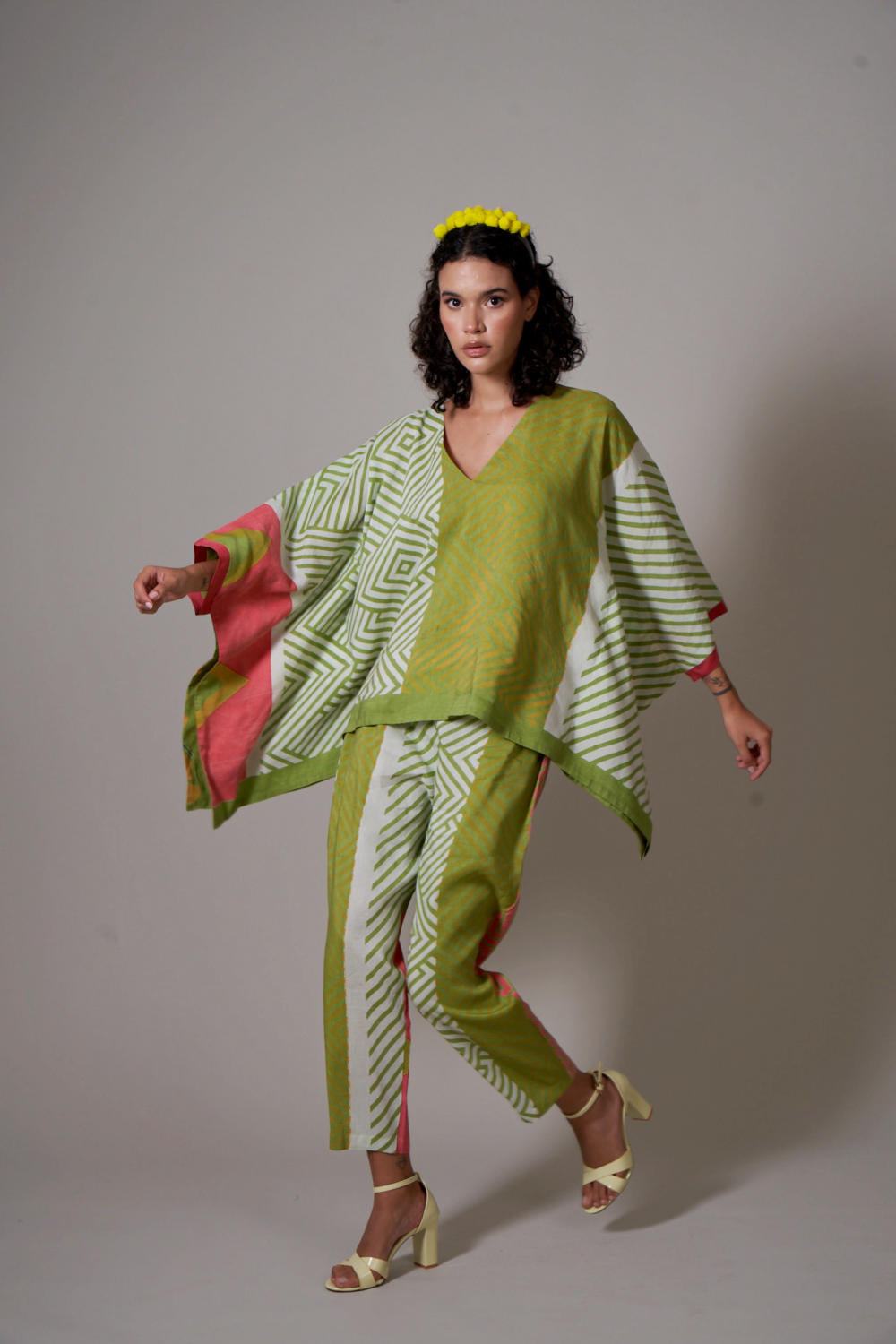 Priti Prashant Fuji green linen co-ord set with geometric print kaftan top and engineered print pants