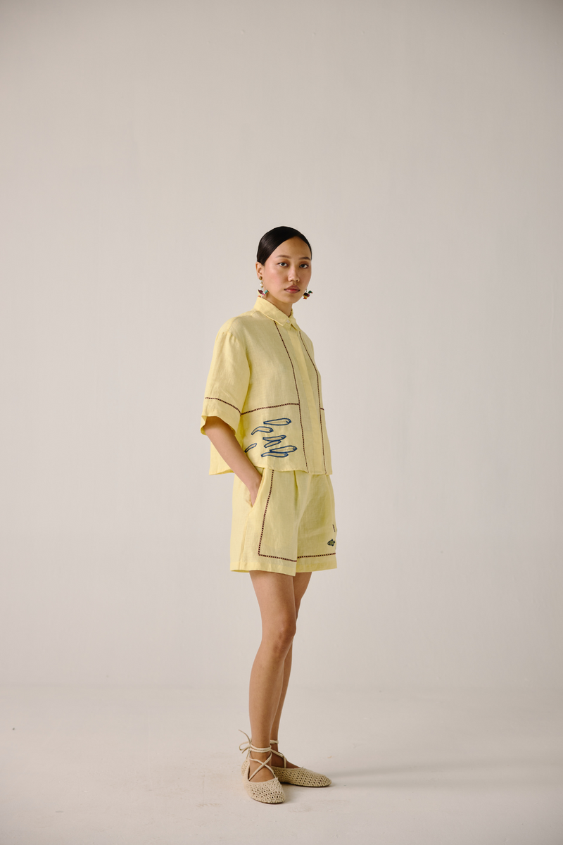 Leo Set - Butter Yellow Fish Embroidery linen by CORD in yellow for women in Singapore