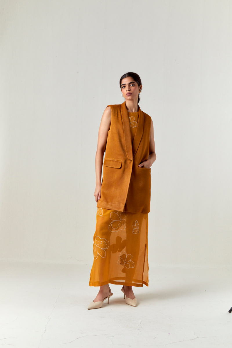 COLLARED WAIST COAT CO-ORD-OCHRE satin by THREE for women in Singapore