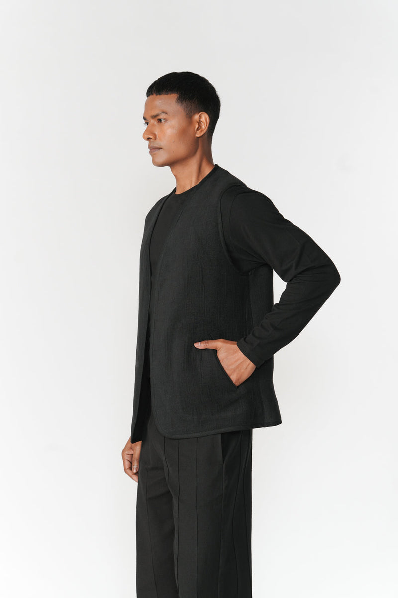 Reversible Linen-Chenille Vest jacket/overlay by Turn Black in black for men in Singapore