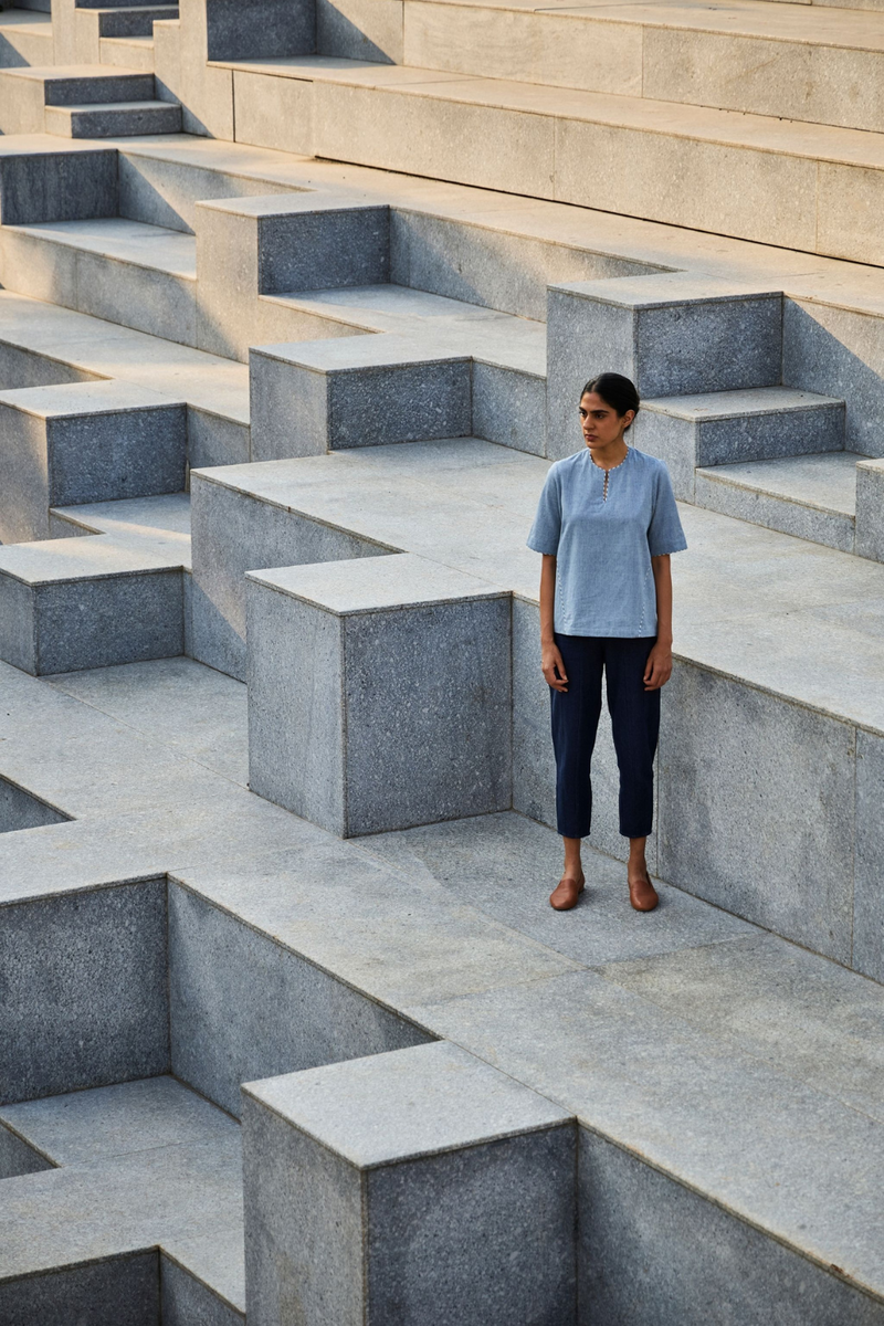Polina Handwoven Blue Top cotton by The Summer House in blue color for women in Singapore
