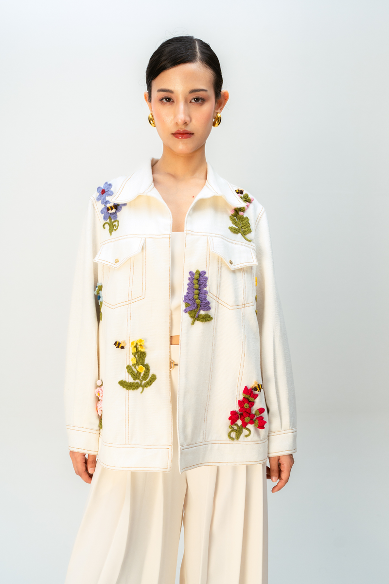 GOLDEN FABLE JACKET handwoven denim jacket/overlay by Ode to Odd in off white for women in Singapore