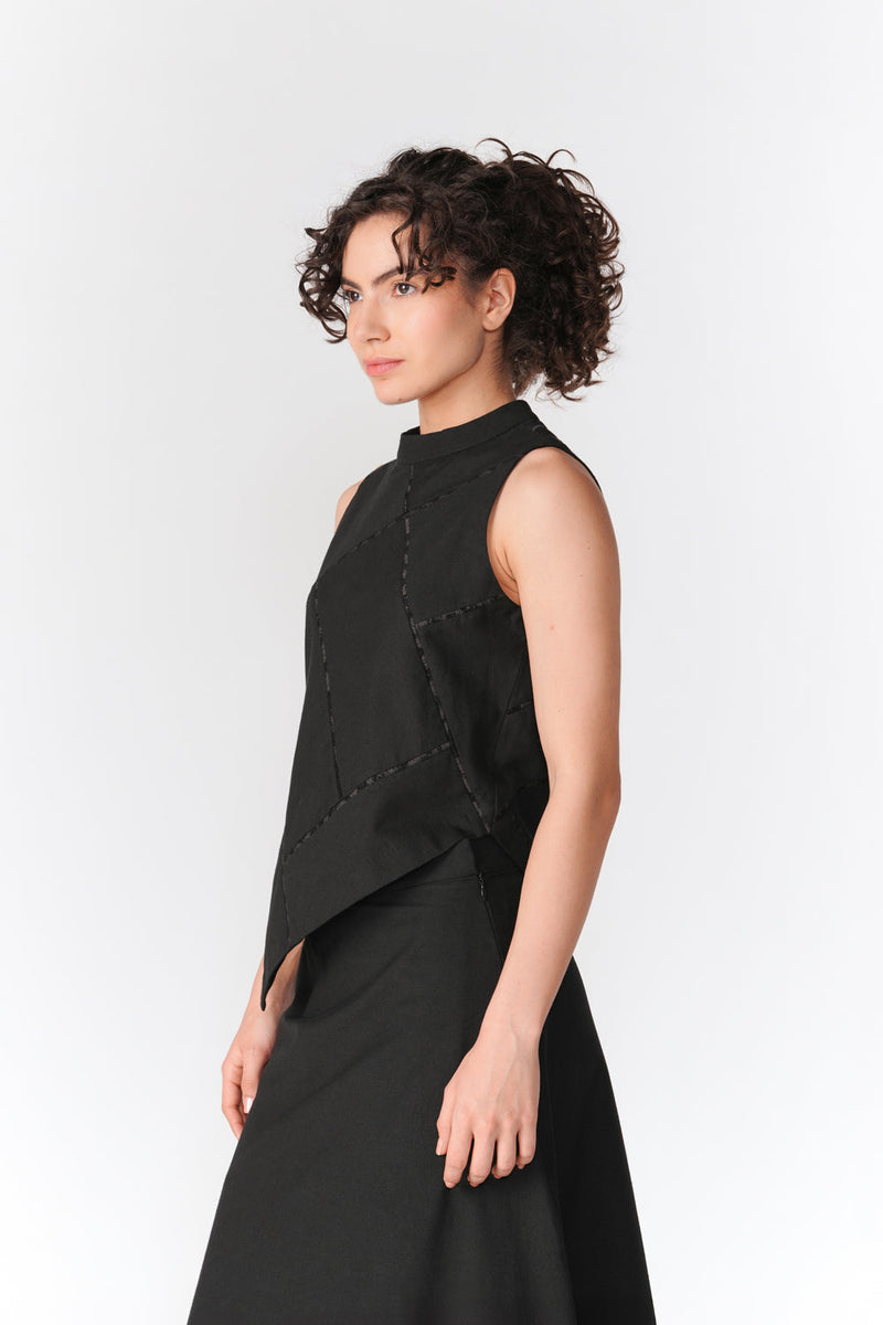 Patchwork Asymmetric Hem Top top/shirt by Turn Black in black for women in Singapore