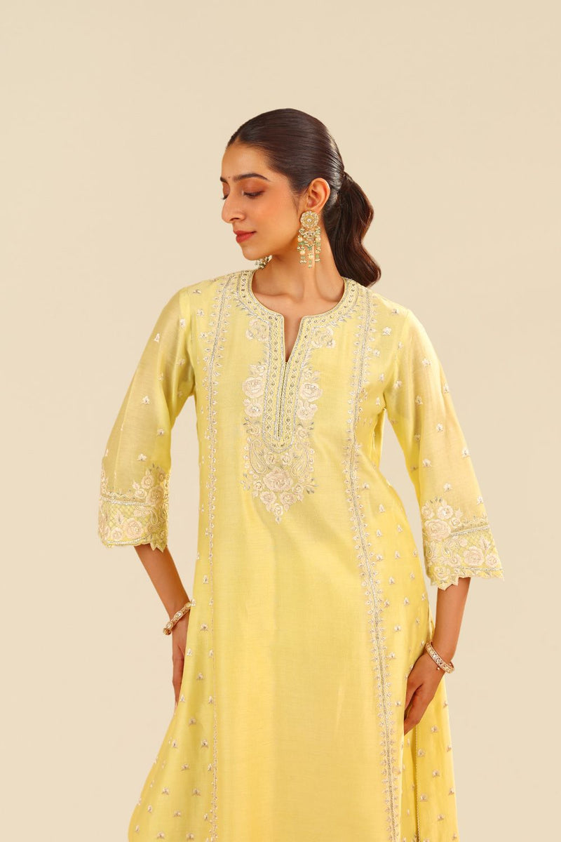 Sumaiya - A-Line Kurta With Palazzo And Dupatta-Lemon Yellow silk by SHEETAL BATRA in yellow color for women in Singapore