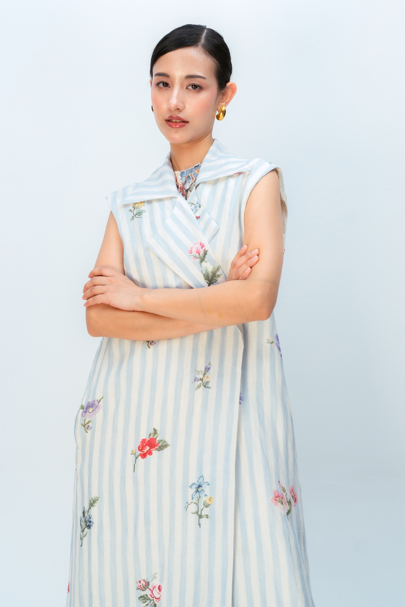 Sugar Veil Trench linen jacket/overlay by Ode to Odd in blue for women in Singapore