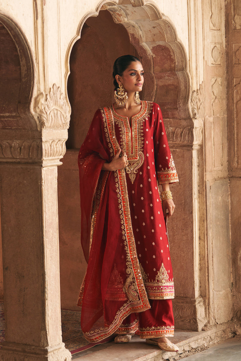 SUMAIRA - DEEP RED LONG KURTA WITH PALAZZO AND DUPATTA silk chanderi kurta/kurta set by SHEETAL BATRA in red for women in Singapore