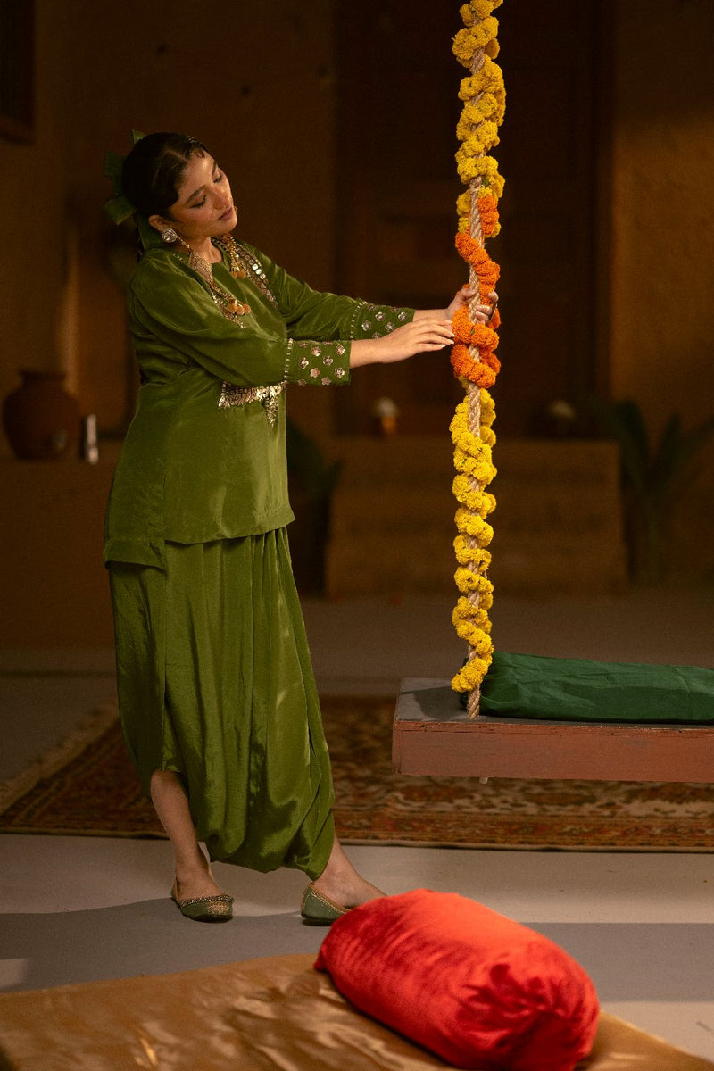 Sunira Green Tunic Top & Dhoti Skirt Set- Mehendi