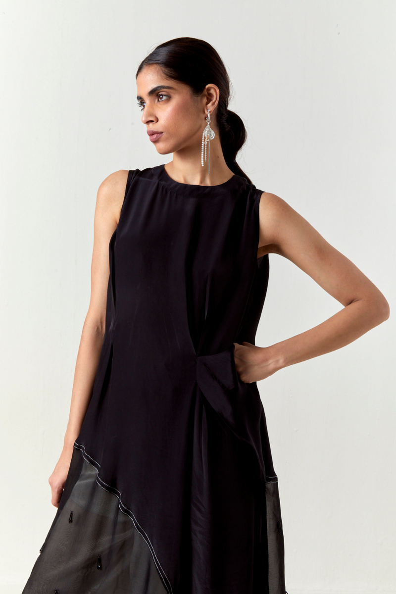 ASYMMETRIC TUNIC CO-ORD-BLACK organza by THREE in black color for women in Singapore