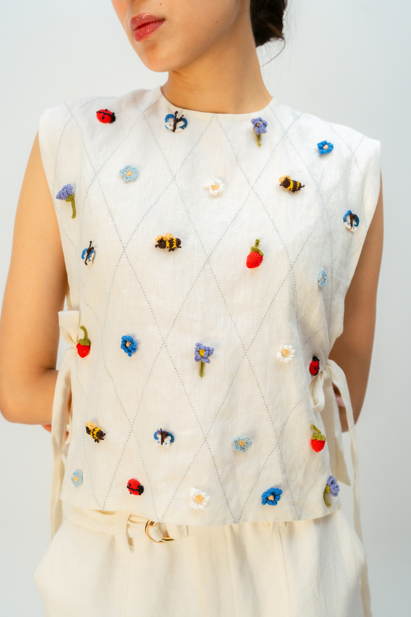 SOFT LATTICE BIB linen jacket/overlay by Ode to Odd in off white for women in Singapore