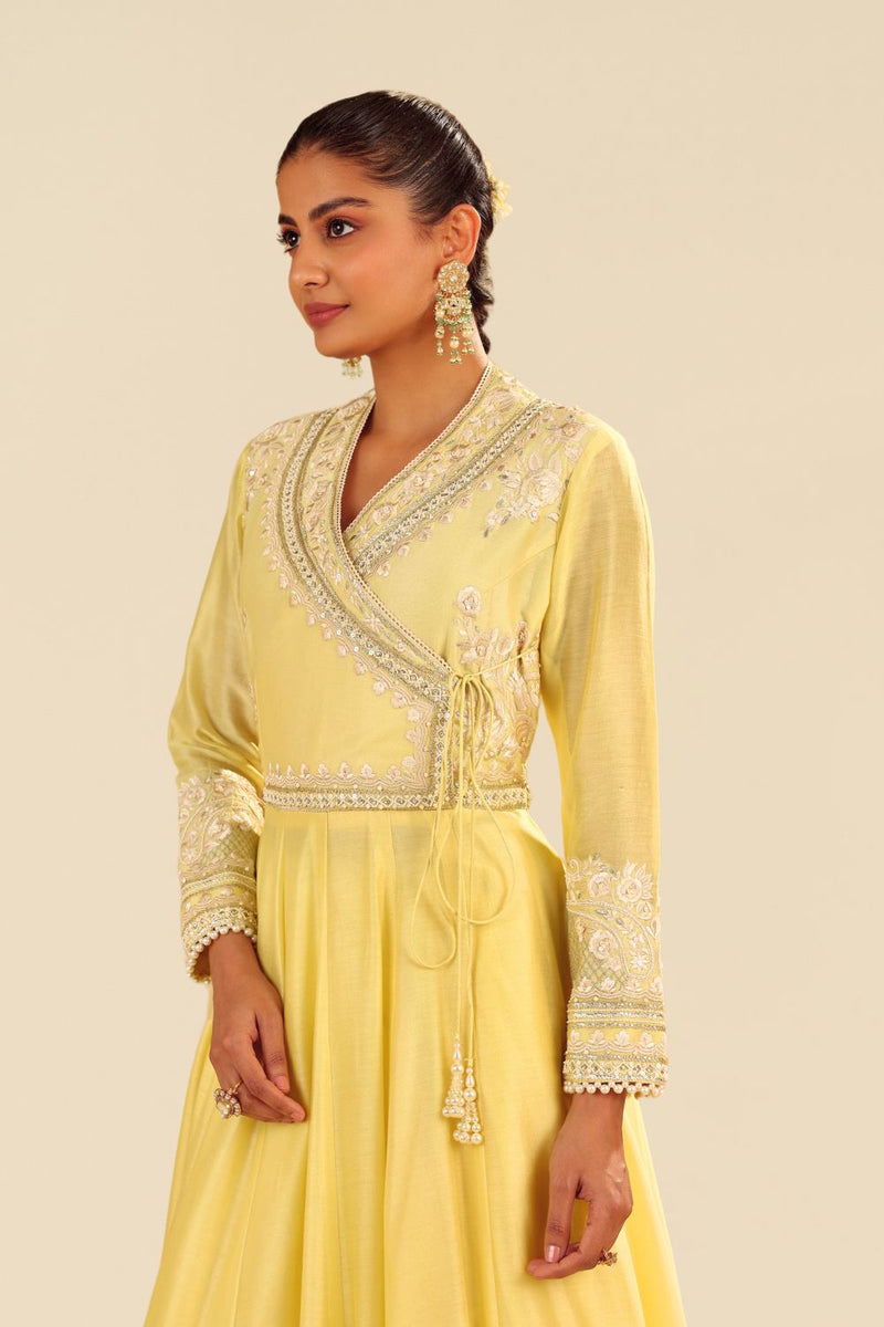 Ameena - Long Anarkali With Skirt And Dupatta-Lemon Yellow silk by SHEETAL BATRA in yellow color for women in Singapore