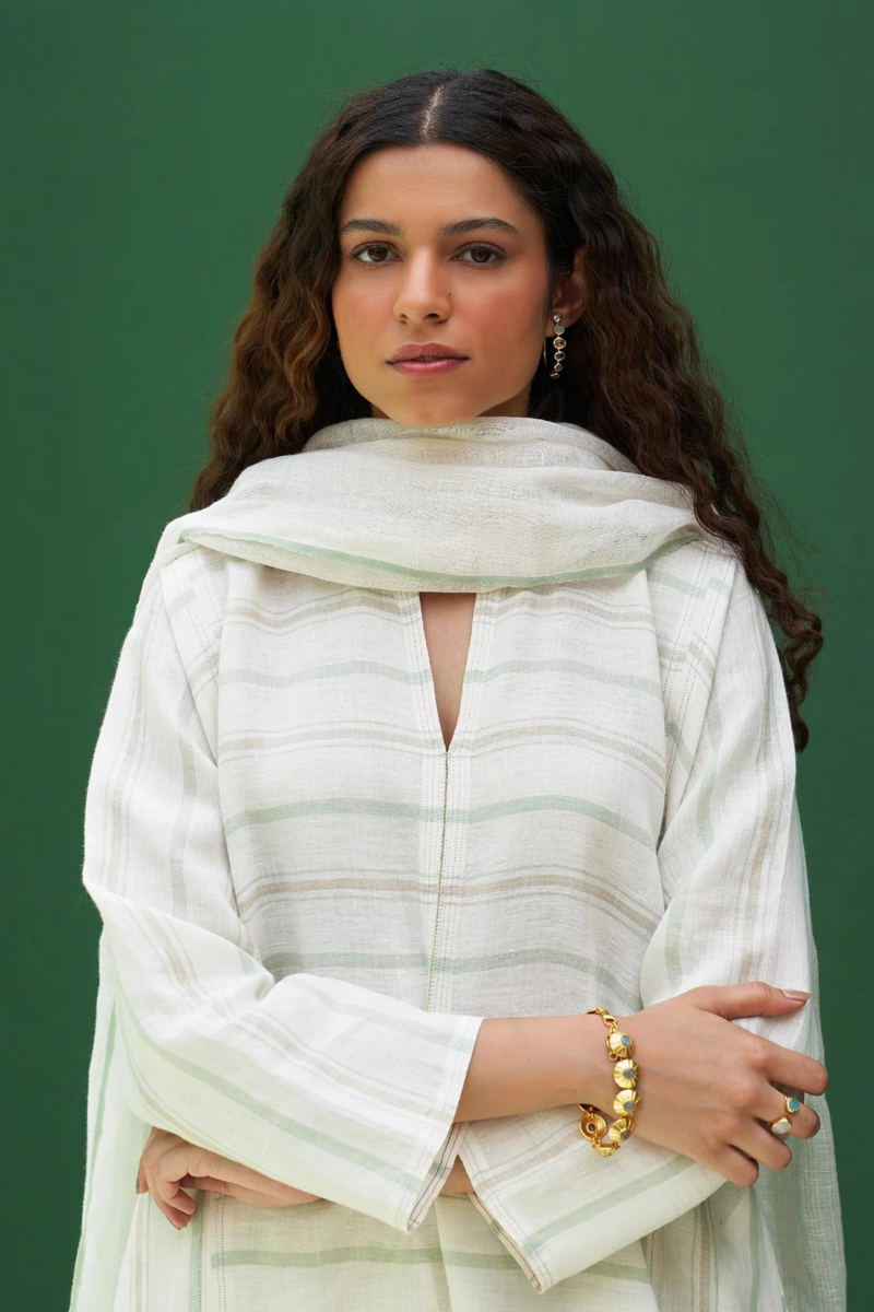 Ezra Striped Linen Kurta Set - Mint linen by Manan in mint color for women in Singapore