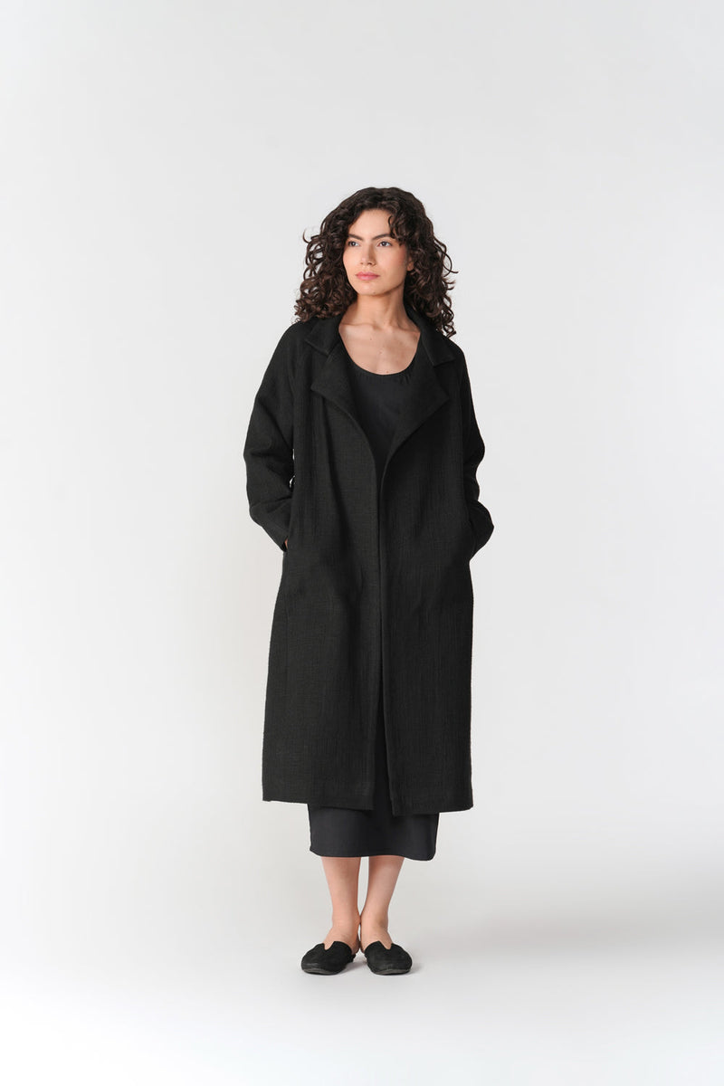 Chenille Long Overcoat jacket/overlay by Turn Black in black for women in Singapore