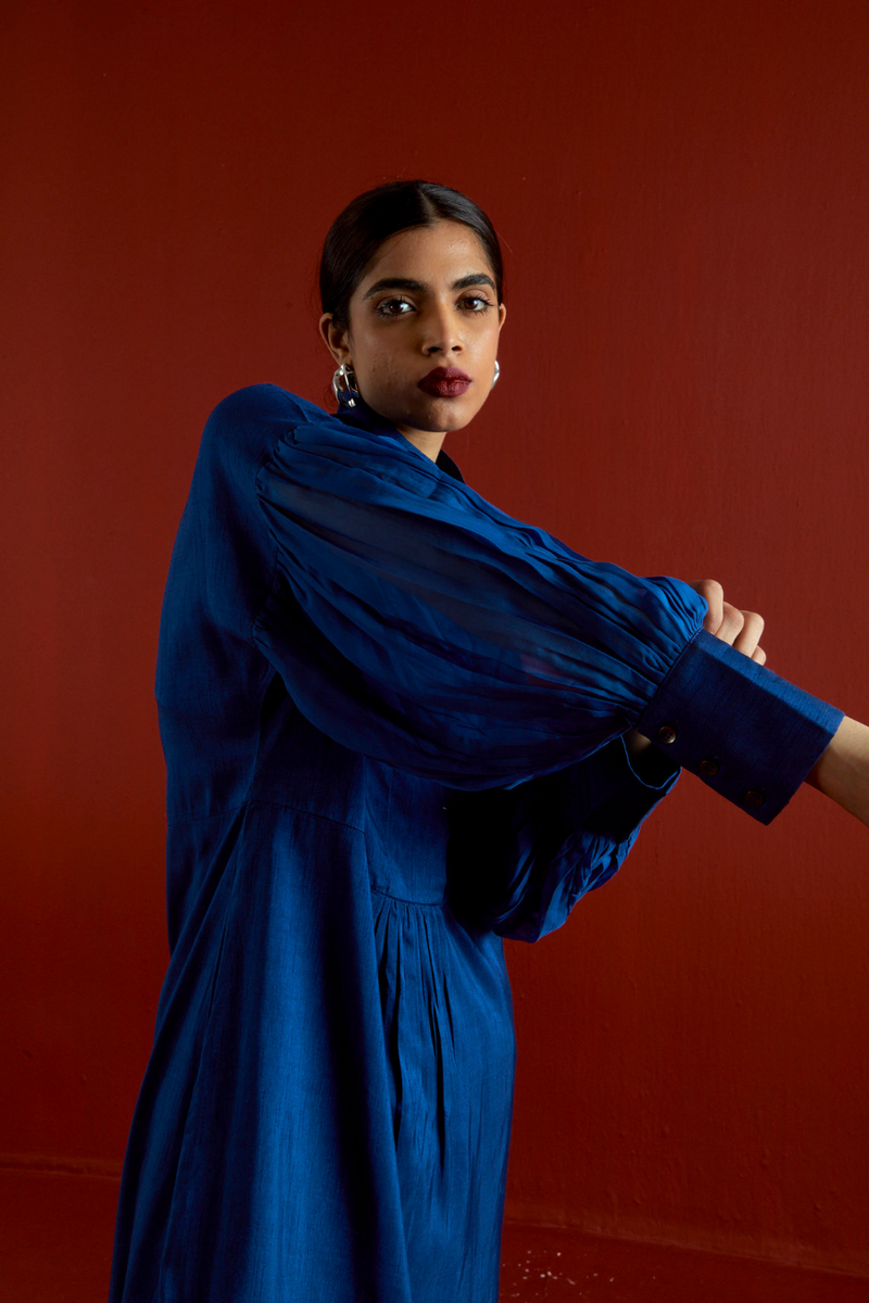 TURTLE NECK TUNIC CO-ORD-ELECTRIC BLUE silk by THREE in blue color for women in Singapore