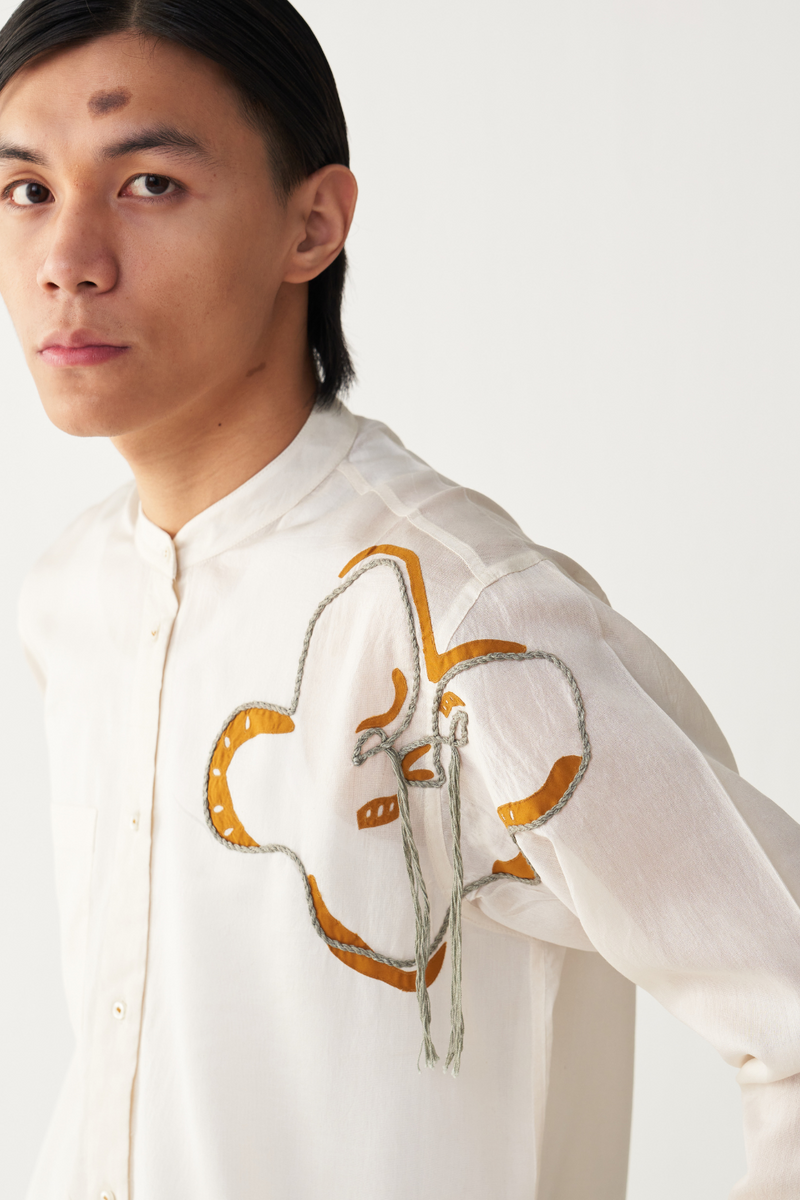 FLORAL ROPE EMB. SHIRT chanderi by THREE Men in ivory color for men in Singapore