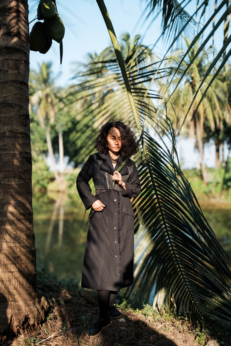 Upcycled Handwoven Copenhagen Trench - Black Green cotton by The Terra Tribe in green color for women in Singapore