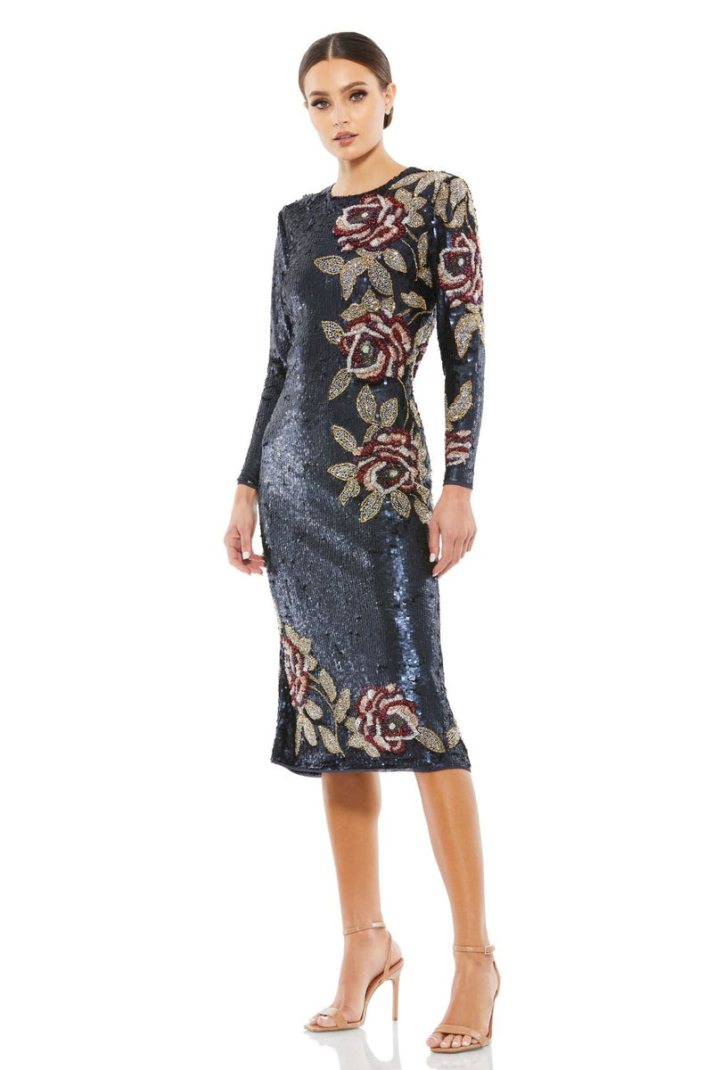 93624-Sequined Asymmetrical Floral Long Sleeve Midi Dress by Mac Duggal for women in Singapore