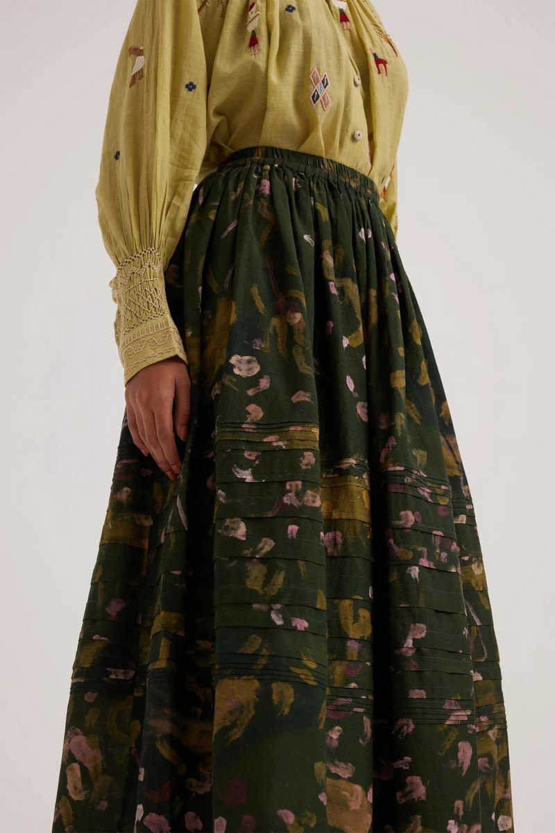 Pintuck Skirt-Green Strokes cotton by CORD for women in Singapore