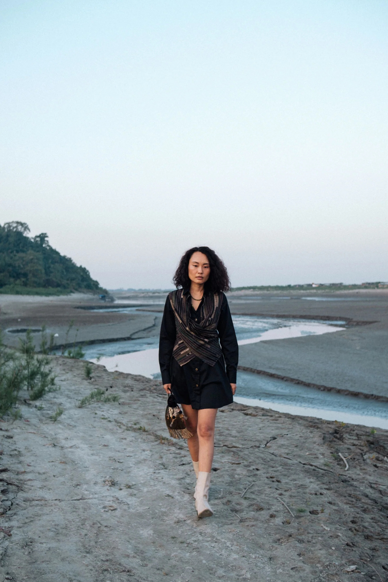Upcycled Handwoven Seattle Wrap Calf Dress - Black Green cotton by The Terra Tribe in green color for women in Singapore