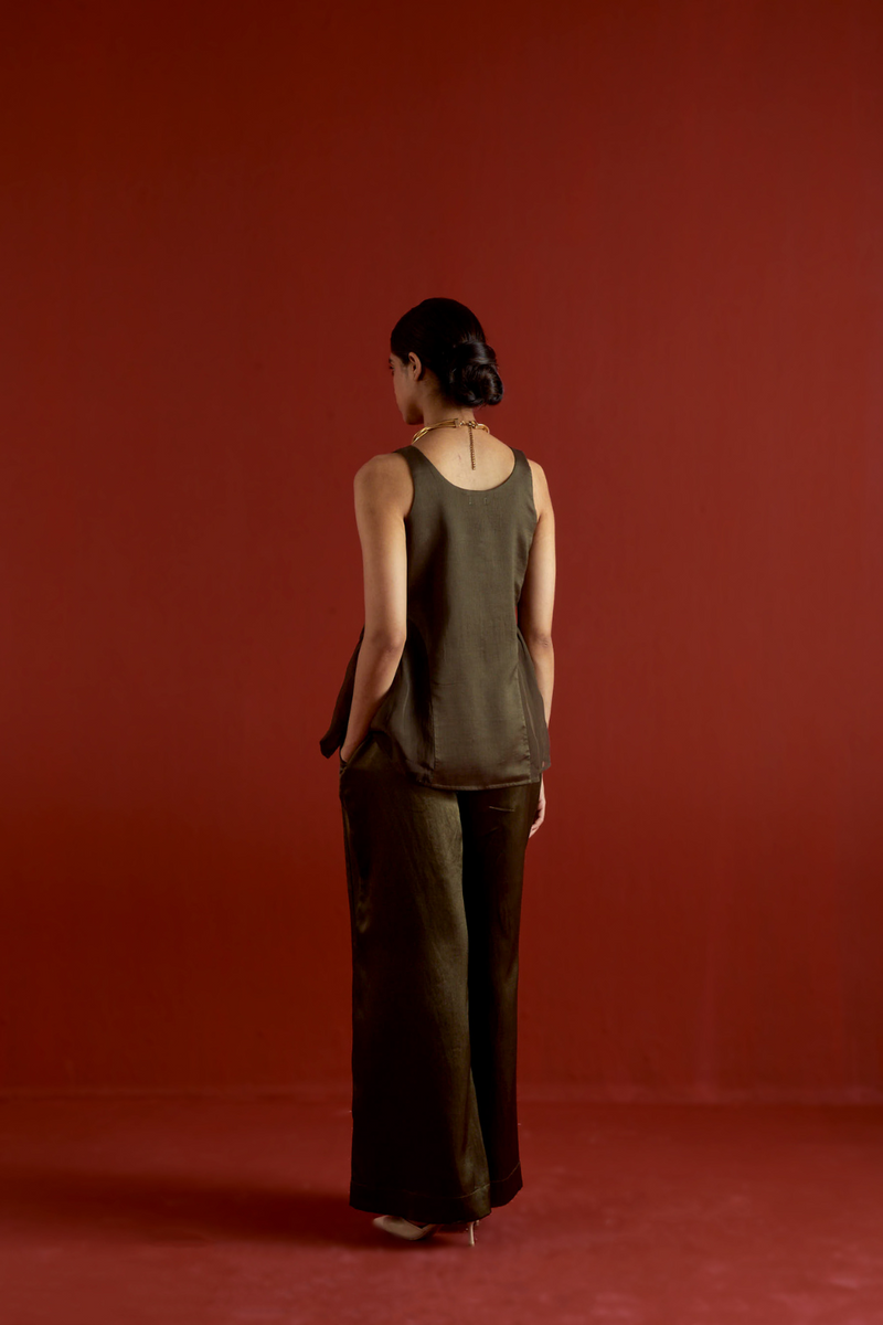 SIDE U-GATHER TOP CO-ORD-DARK OLIVE organza by THREE in olive color for women in Singapore