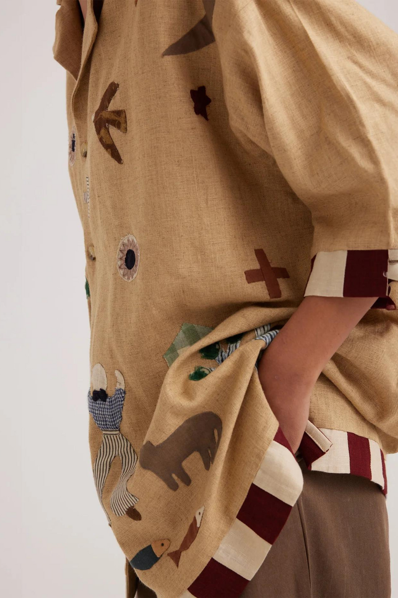 Unisex Oversized Shirt-Folk Applique-Beige linen by CORD for women in Singapore