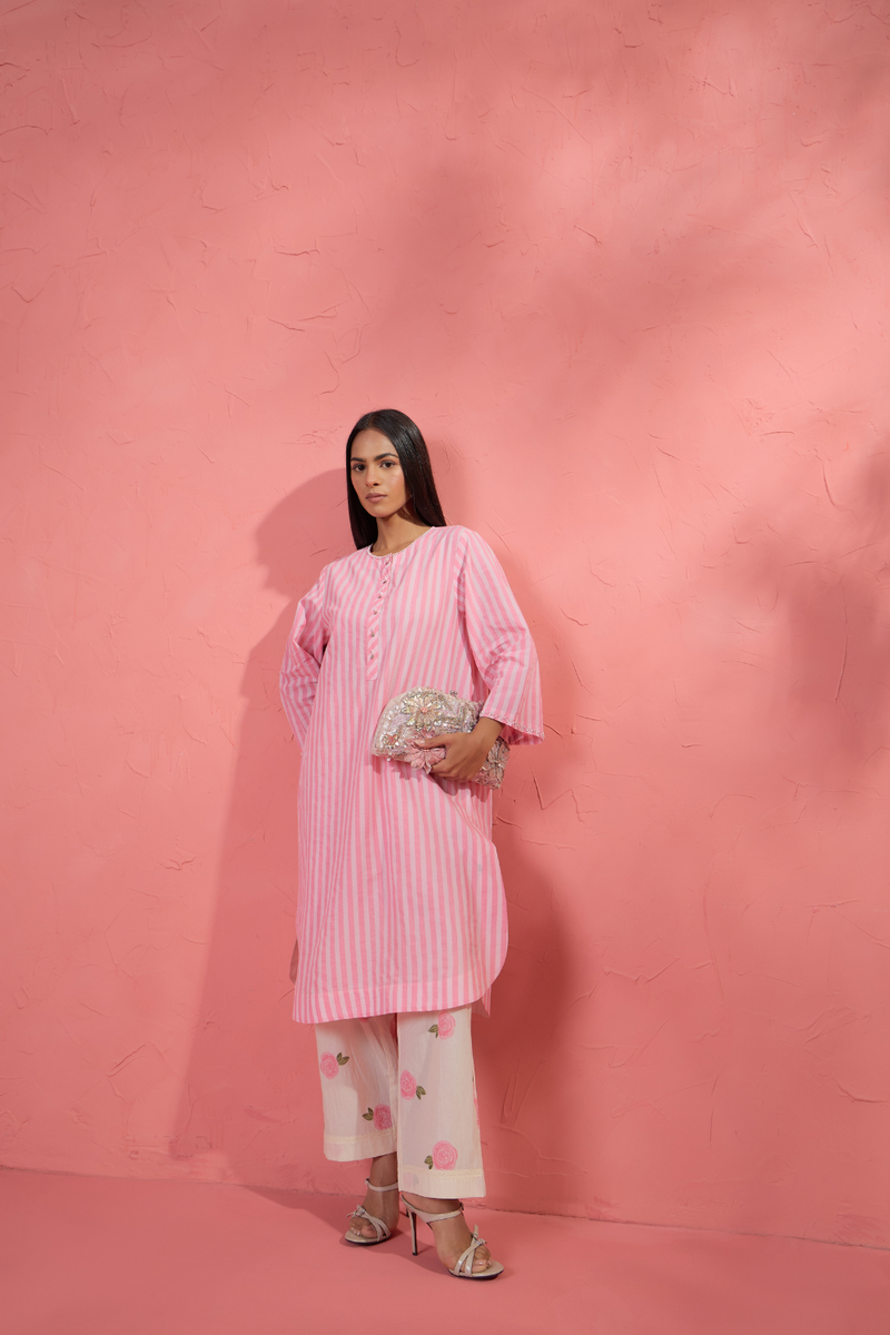 Gul Rose Stripe Set cotton cambric light kurta set by AAVIDI in pink for women in Singapore
