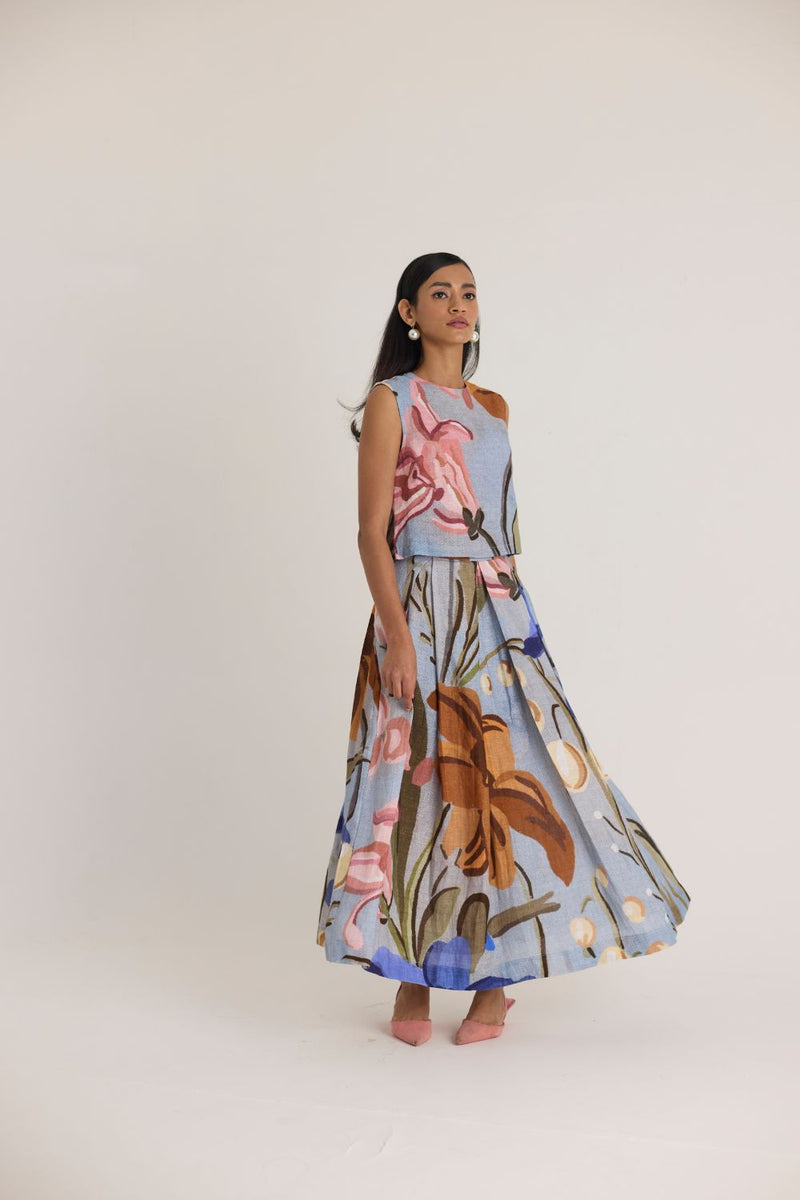 NICO LINEN TOP & SKIRT SET linen by Yam in blue color for women in Singapore