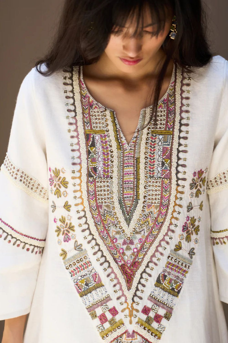 Afra Hand-Embroidered Kurta - Ivory linen by Manan in white color for women in Singapore