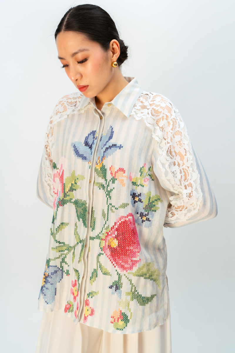 BLUSHING PETAL SHIRT linen top/shirt by Ode to Odd in blue for women in Singapore