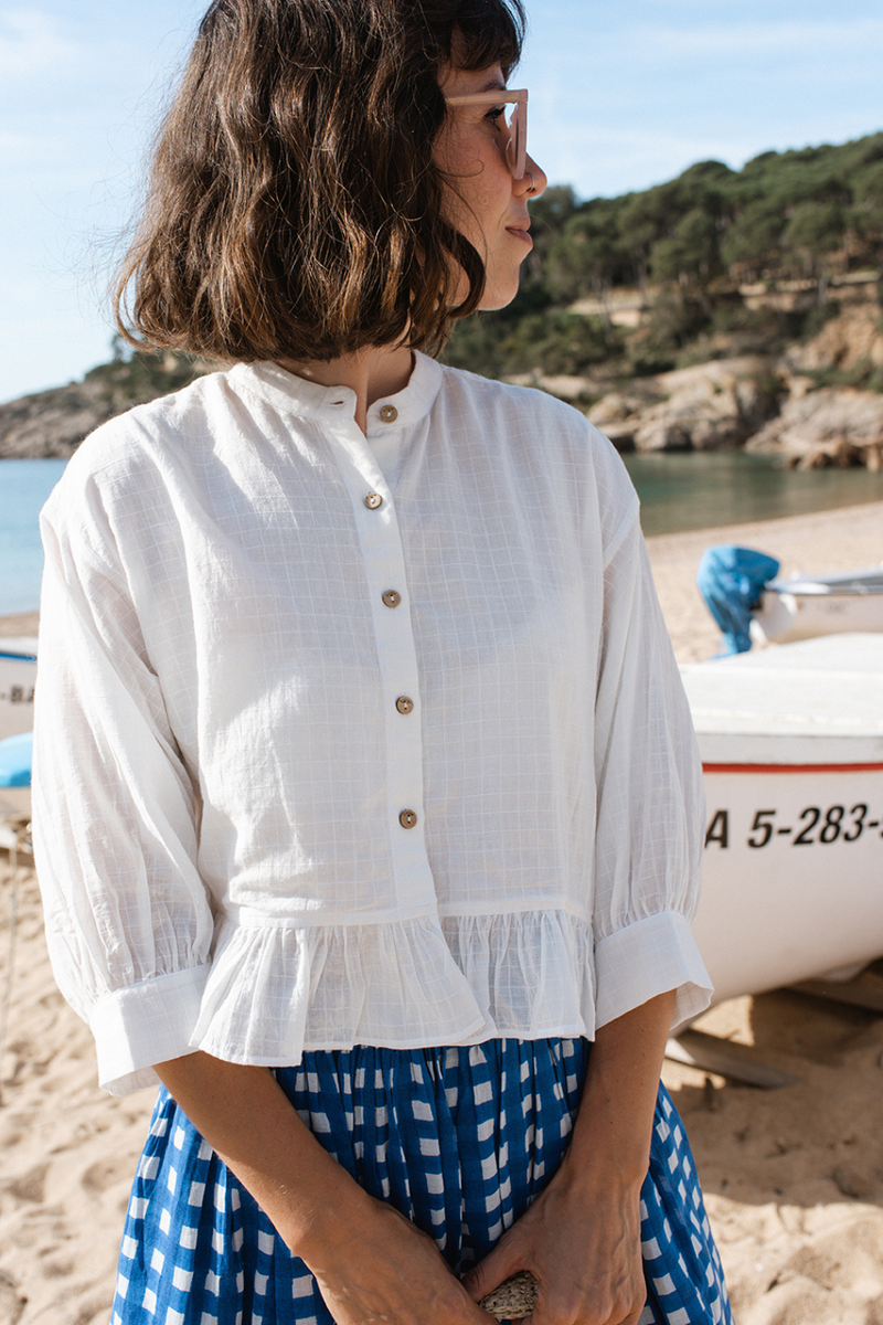 The Scarlet Frill Top-White cotton muslin top/shirt by World of Crow in white for women in Singapore