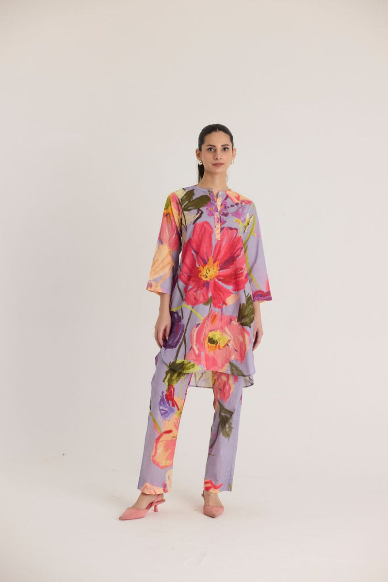 DOLLY PURPLE SHORT COTTON KURTA SET cotton by Yam in multi color for women in Singapore