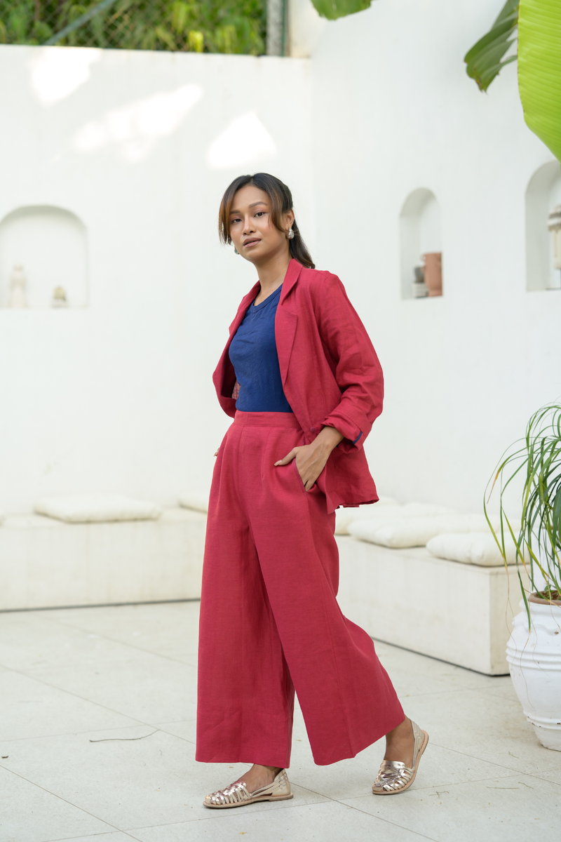 Crimson Sky Suit linen co-ord set by Zanzibar Living in crimson red for women in Singapore