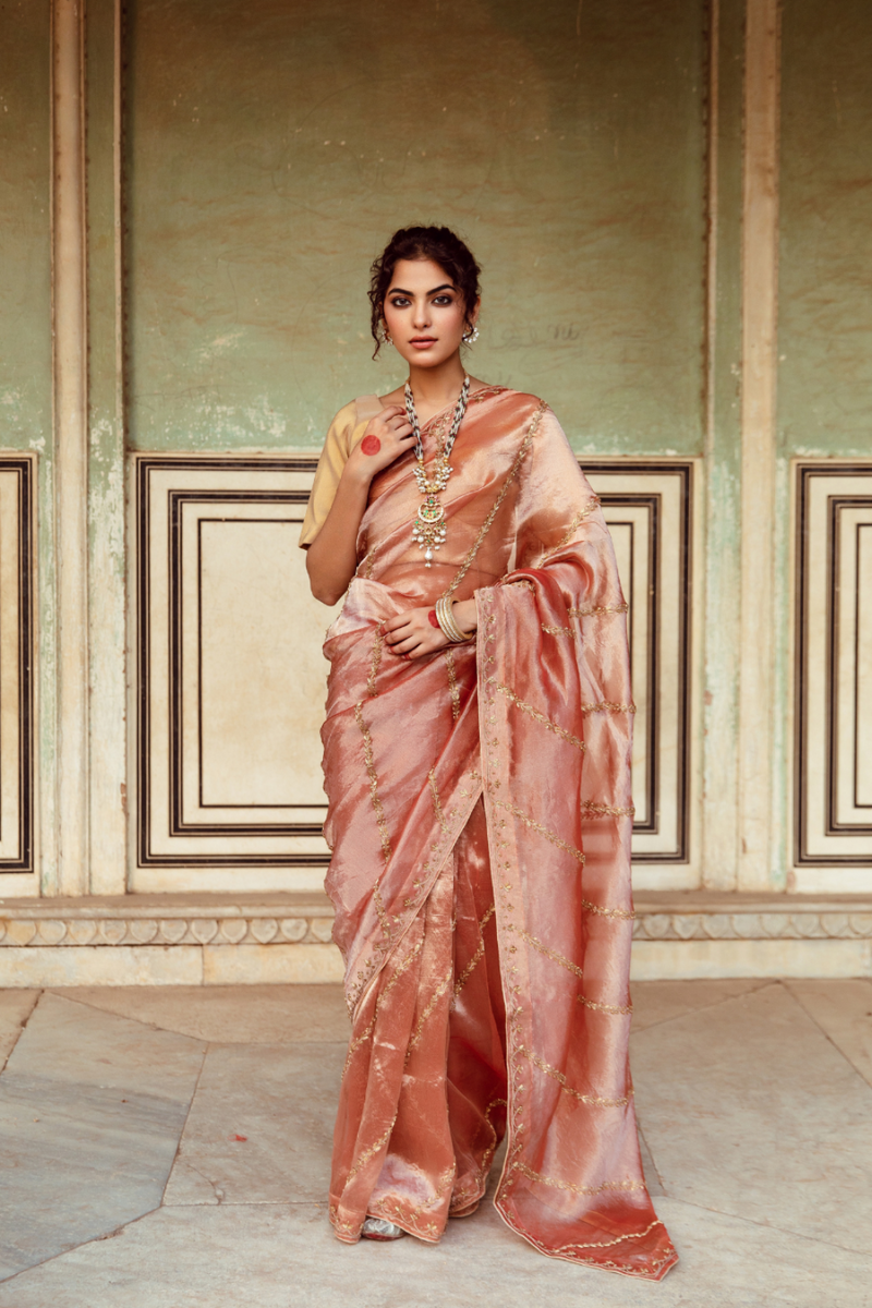Rust Tissue Silk Embroidered Sari silk Buy Rust Tissue Silk Embroidered Sari from C&W | Saree for Women by Maison Shefali in rust color for women in Singapore