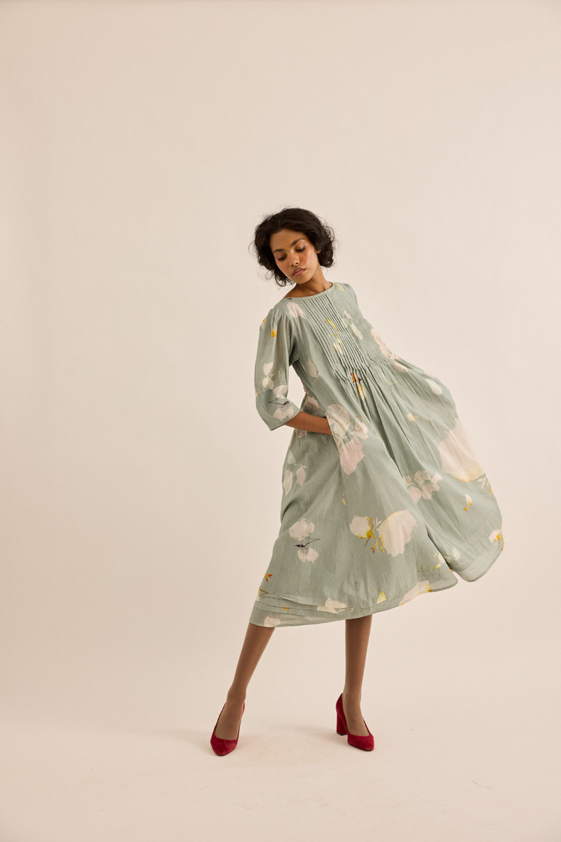 Cornflower Dress mul dress by Khara Kapas in sage green for women in Singapore