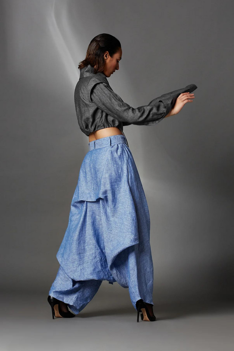 Abir Trousers in Blue-Light Blue linen by Chola in blue color for women in Singapore