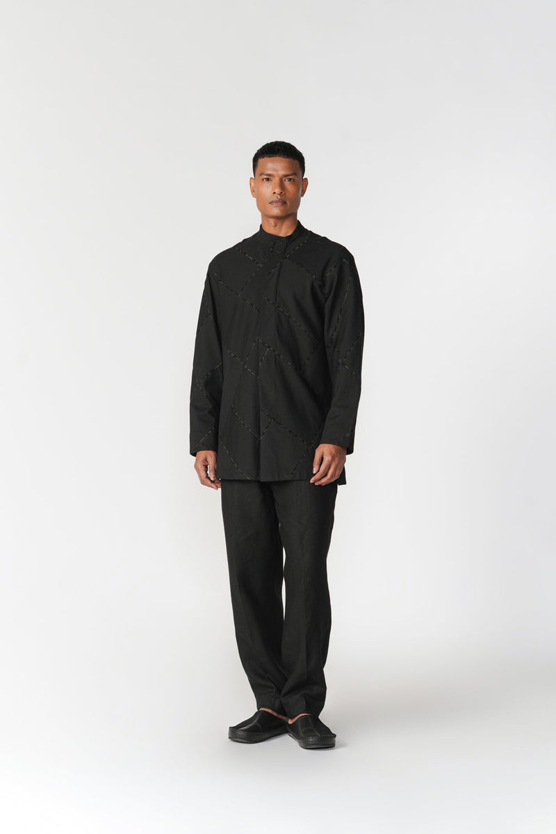 Patchwork Double Placket Shirt top/shirt by Turn Black in black for men in Singapore