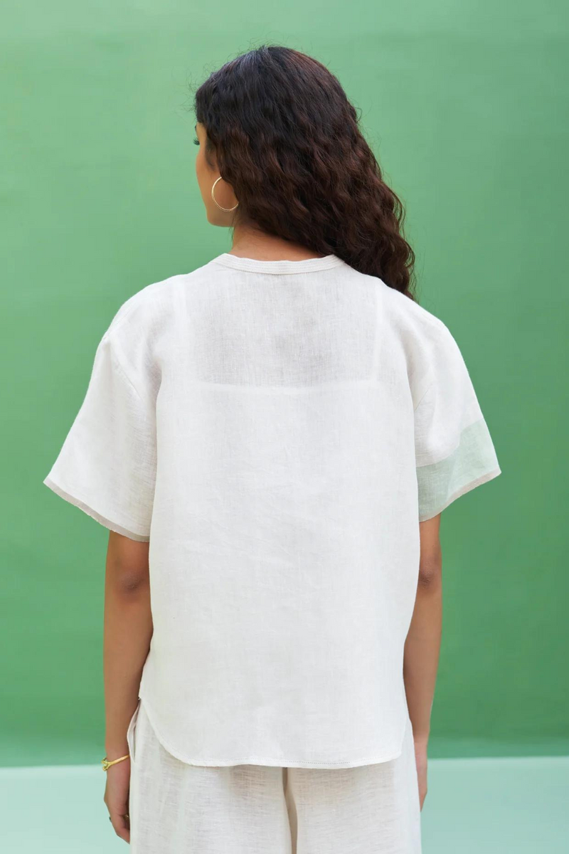 Kol Border Linen Crop Shirt - Ivory linen by Manan in ivory color for women in Singapore