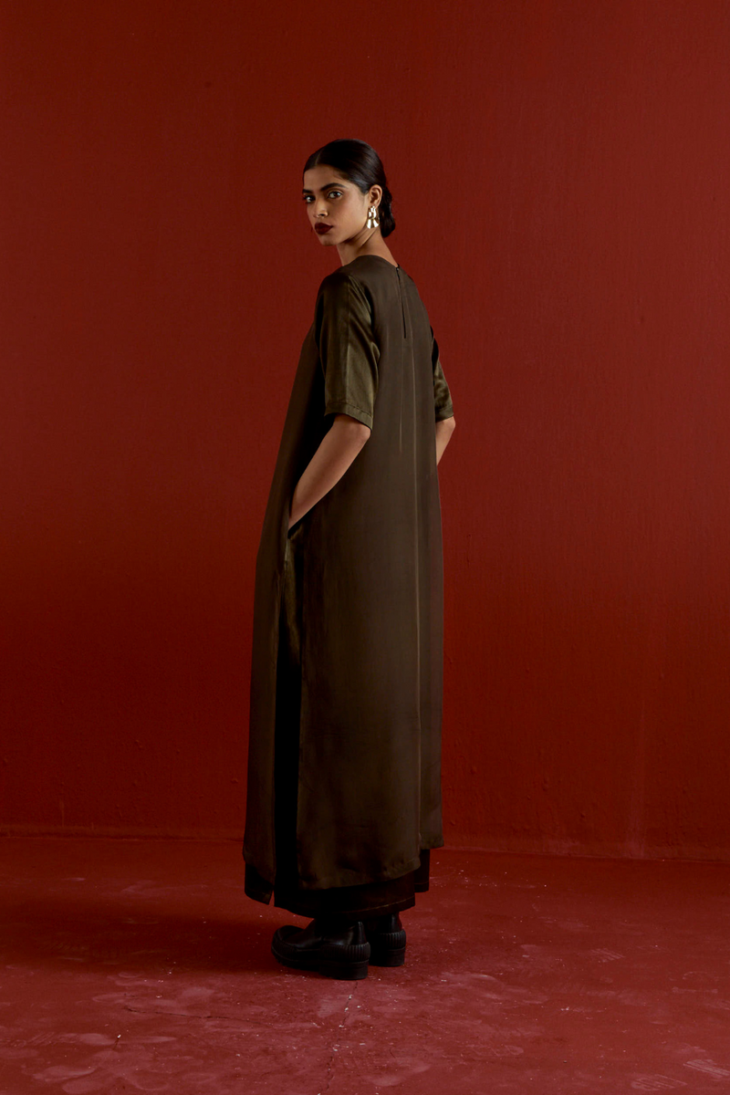 GOTA PATTI DETAIL DOUBLE LAYER DRESS-DARK OLIVE satin by THREE in olive color for women in Singapore