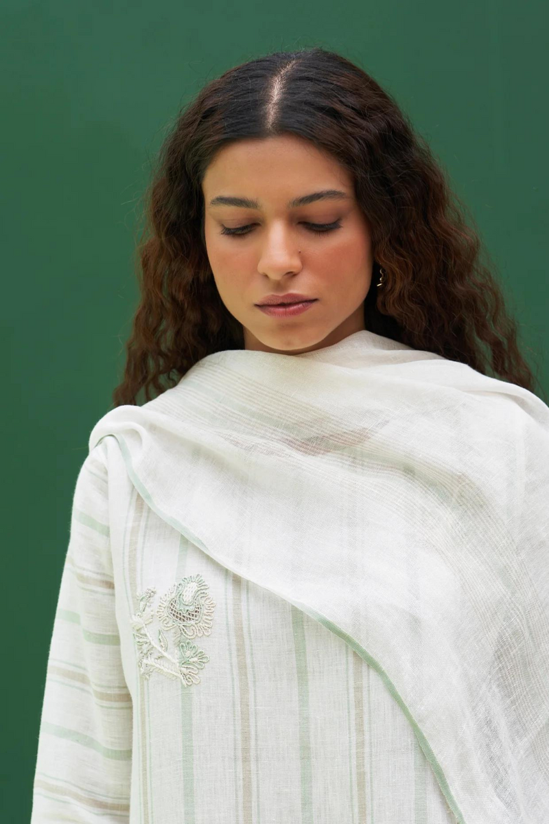 Kuma Stripe Border Linen Dupatta
-Mint linen by Manan in ivory color for women in Singapore
