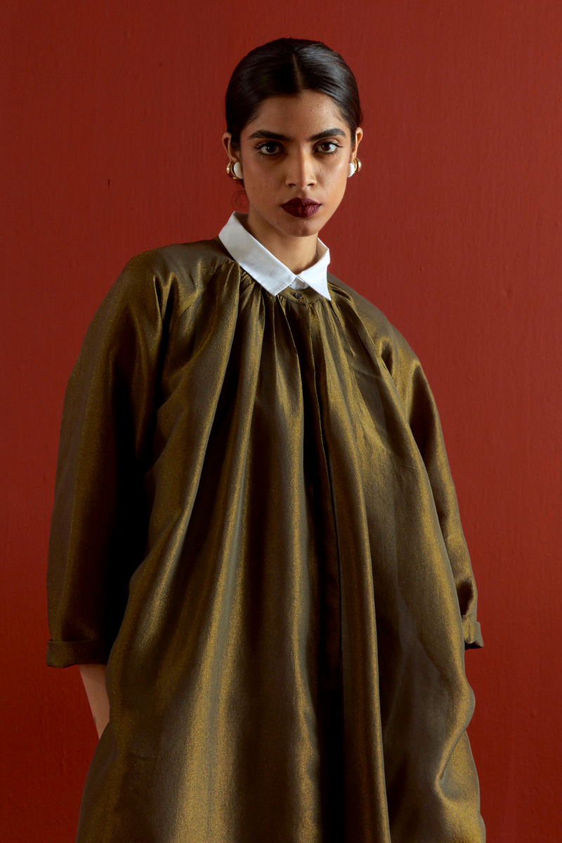 GATHER NECK SHIRT CO-ORD-OLIVE GOLD tissue by THREE in gold color for women in Singapore